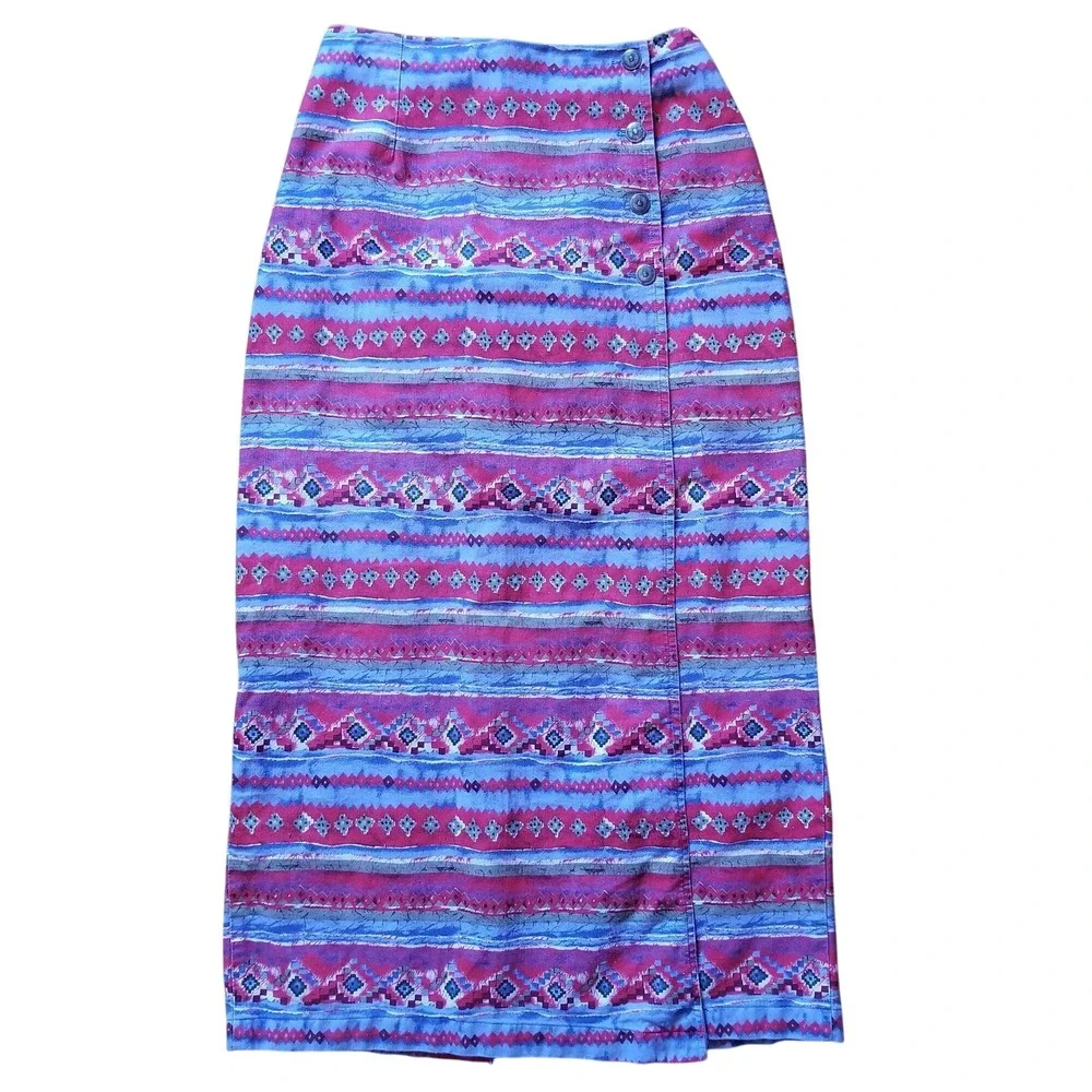 Coldwater Creek M Aztec Southwest Denim Wrap‎ Skirt Back Slit Maxi Western